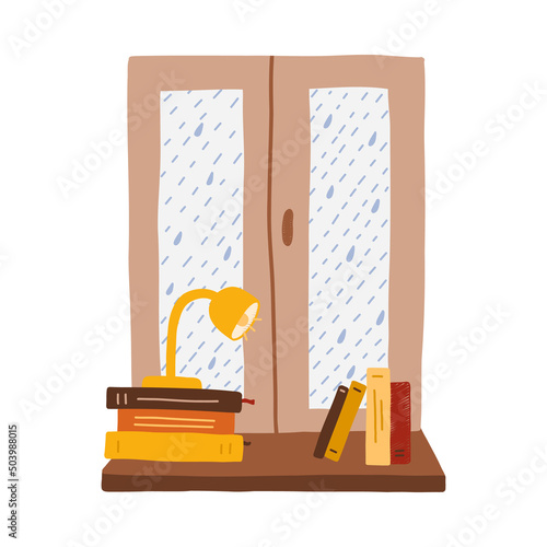 Cozy autumn symbol and cozy atmosphere at home. Window with rain outside glass and books, lamp on windowsill. Hygge hand drawn illustration. Can be used for fabric, sticker, scrapbooking, print.