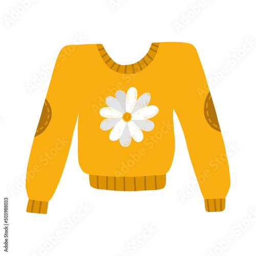 Cute autumn shortened sweater or jumper for cold weather with embroidered chamomile. Knitted warm clothes with modern design. Hygge hand drawn clip art isolated on background in scandinavian style.