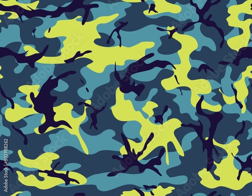 
Trendy camouflage blue background with yellow spots vector seamless texture, urban print.