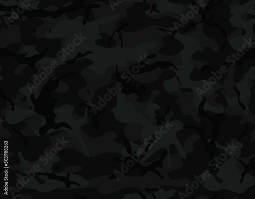 Seamless black camo pattern, night vector background, urban texture. Disguise.