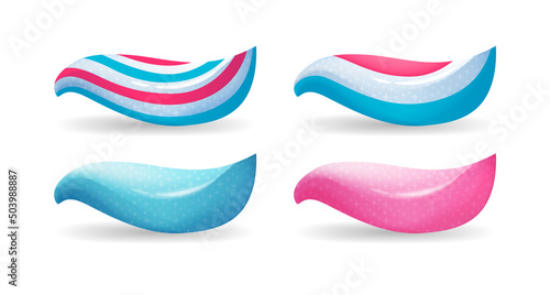 Smear of Whitening Toothpaste. Set. The Dental Gel is Glitter Blue, Bright Turquoise and Pink. Striped Toothbrush Cream. Realistic style. White background. Vector illustration for Stomatology Design.
