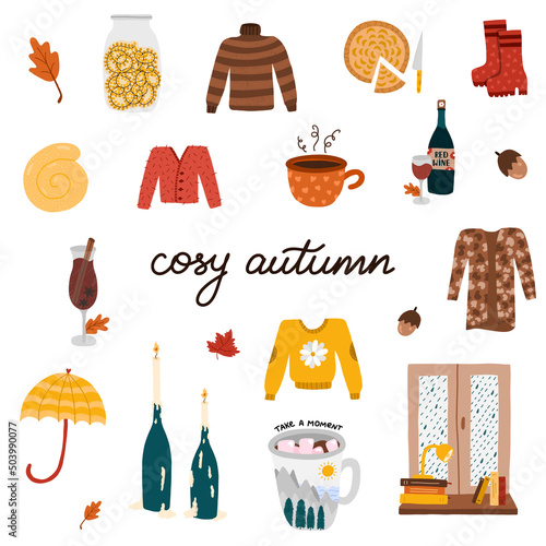Hygge autumn set with cozy and cute hand drawn clip arts of seasonal clothes and shoes, food and drinks, home decor for coziness. Warm knitted sweaters, candles, mulled wine and hot cacao, bakery.