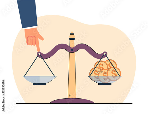 Finger pointing at scales with gold coins. Hand of businessman balancing scales with money flat vector illustration. Investment, finances concept for banner, website design or landing web page