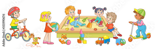 Children of different nationalities play in the sandbox in the yard. Banner in cartoon style. Isolated on white background. Vector illustration