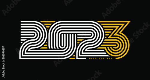 2023 outline modern design with text Happy New Year, greeting card cover template, new year party logo for business, isolated vector illustration. Design For T-Shirt. Typography Design