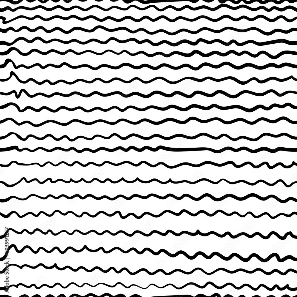 Endless pattern of crooked ink horizontal lines on a white square background. Used for printing on paper, fabric, packaging, wallpaper. Eps10. Endless pattern of crooked ink horizontal lines on a white square background. Used for printing on paper, fabric, packaging, wallpaper. Eps10.