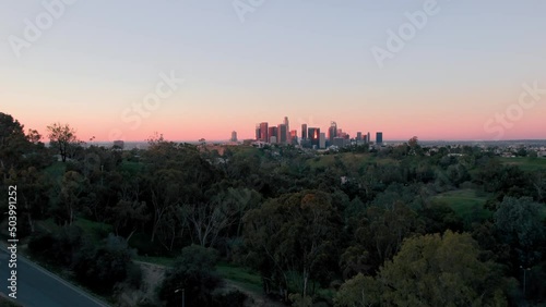 Aerial drone view of LA Downtown,Angels Point in Elysian Park at sunrise, Los Angeles, California, United States of America, North America photo