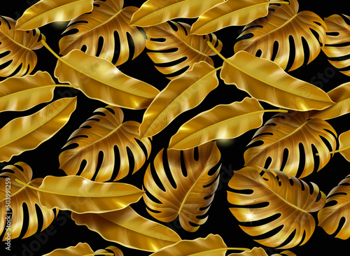 Vector seamless pattern with gold monstera and palm tropical leaves on black background. Botanical background design for cosmetics, jungle luxury design.