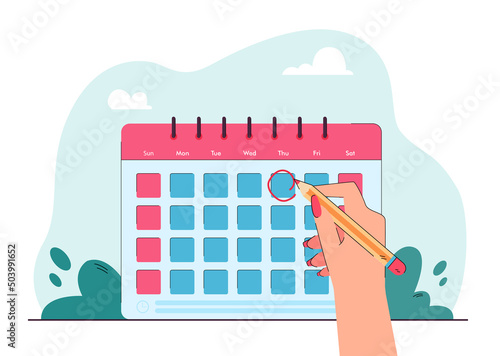 Female hand with pencil circling day on calendar. Person planning weekly schedule flat vector illustration. Time management, organization concept for banner, website design or landing web page