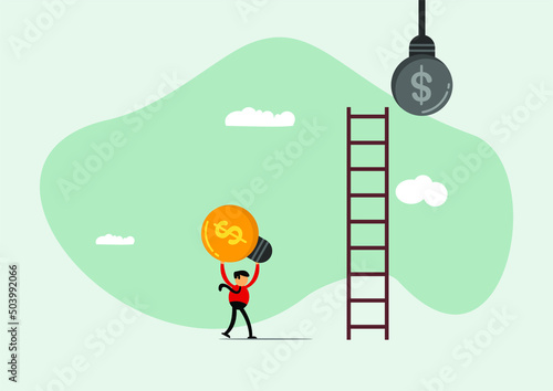 ambition and challenge to succeed in business, motivation to achieve big goal or target, career development concept, smart businessman changing from old light bulb idea to shiny new