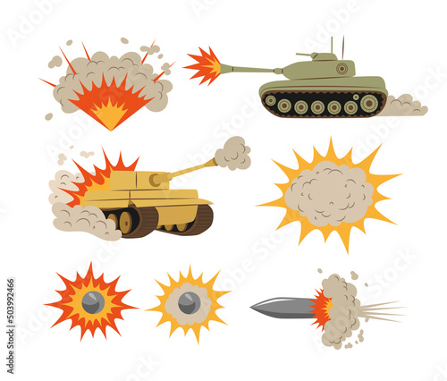 Shooting tanks and explosions vector illustrations set. Collection of cartoon drawings of bomb blasts, fire, clouds of smoke after burst, gun bullets on white background. War, armament concept