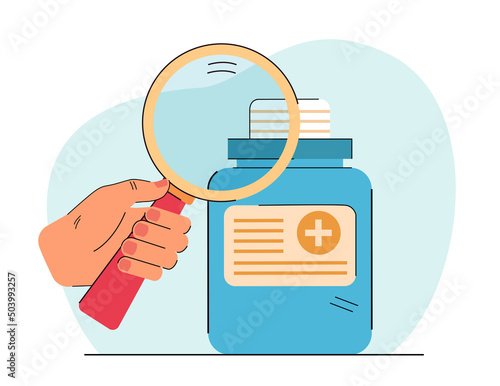 Hand of pharmacist examining medication bottle. Doctor or scientist holding magnifier and studying drug flat vector illustration. Pharmacy, medicine concept for banner, website design or landing page