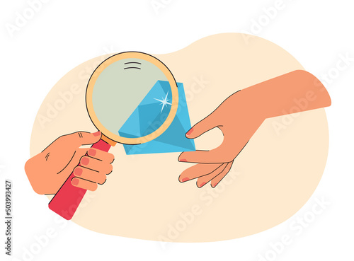 Hand of gemologist holding magnifier and examining diamond. Evaluation of precious stone flat vector illustration. Jewelry, luxury, gemology concept for banner, website design or landing web page