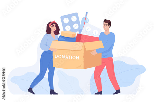 People holding charity medicine box flat vector illustration. Donation for refugees, humanitarian aid, support, love, medication, help, pharmacy, assistance concept