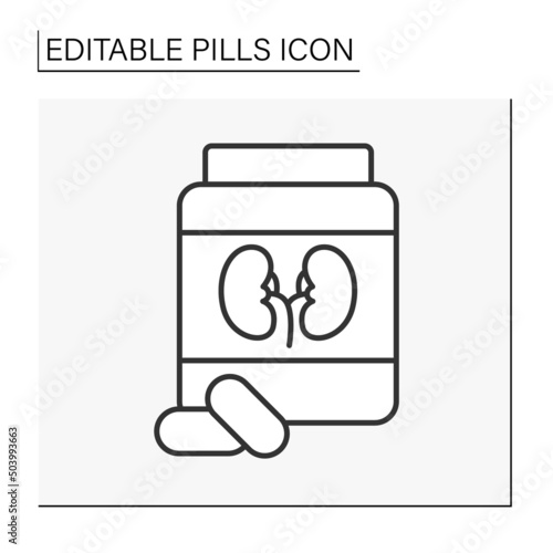  Treatment line icon. Drugs for kidney treatment. Vitamins and minerals. Pills concept. Isolated vector illustration. Editable stroke
