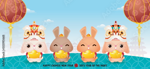 happy chinese new year 2023 banner, Four little rabbit holding golden ingots, year of the rabbit zodiac, gong xi fa cai Cartoon background vector illustration, Translation happy chinese New Year