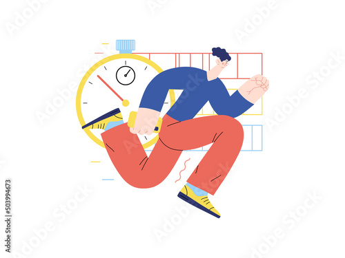 Technology Memphis -Time management - modern flat vector concept digital illustration of time management metaphor, a stopwatch, timeline and people in workflow. Creative landing web page illustration