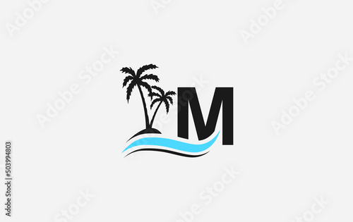 Nature water wave and beach tree vector logo design with the letter and alphabet M
