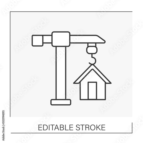  Construction company line icon. Hoisting crane move house. Buildings. Construction industry concept. Isolated vector illustration. Editable stroke