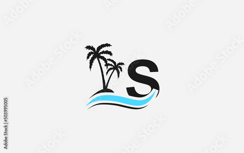 Nature water wave and beach tree vector logo design with the letter and alphabet S