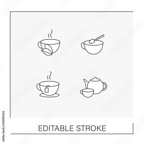 Hot drinks line icons set. Tea and coffee preparation instruction. Beverage concepts. Isolated vector illustrations. Editable stroke. Vector illustration