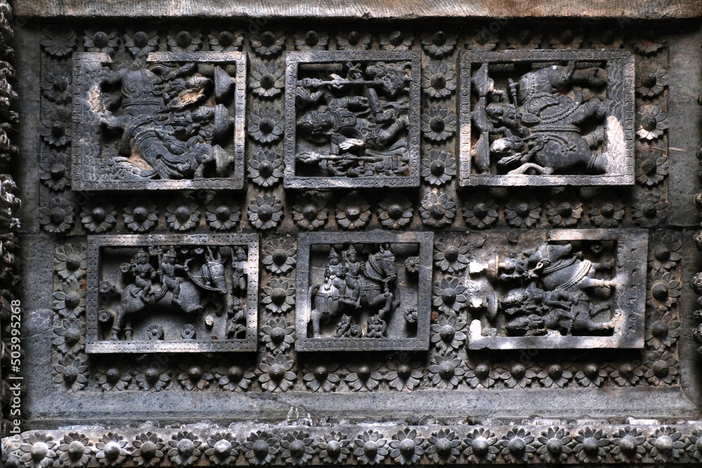 Sculptures on the outer walls of Hoysaleswara Temple at Halebidu, the former capital of the Hoysala, Karnataka.