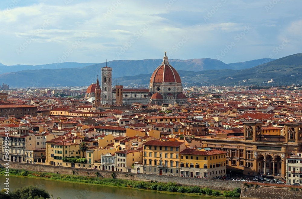 cityscape of Florence in Italy in Tuscany Region in Europe with Dome of Cathedral