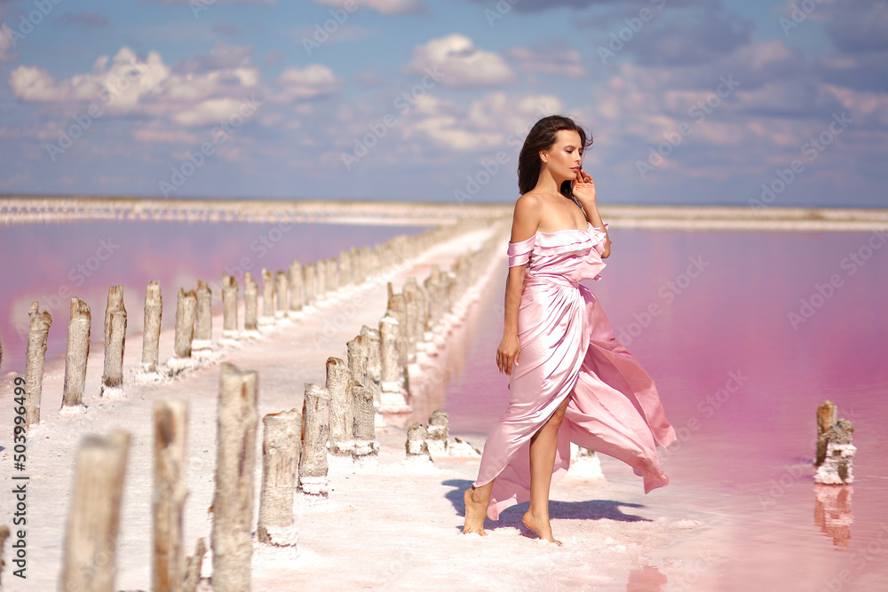 Young brunette woman in pink dress posing on pink lake Young brunette woman in pink dress posing on pink lake