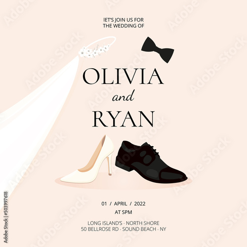 Wedding invitation to the celebration with a veil, bow tie and shoes on a pink pastel theme.