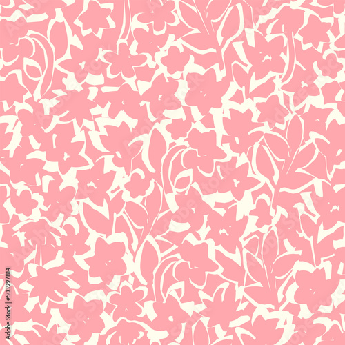 Botanical vector background with painted flowers. Hand drawn, floral seamless pattern. Craftdrawn retro styled small scaled fashion print for fabric, paper, home textile and goods