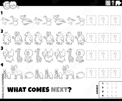 pattern task with cartoon animals coloring book page