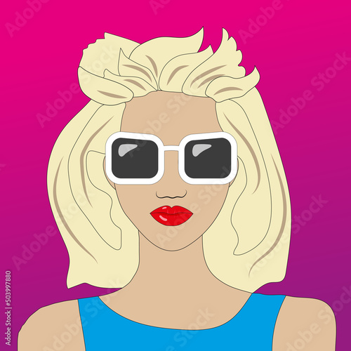 Portrait of a blonde girl in large square glasses with a white frame in the style of the 1980s