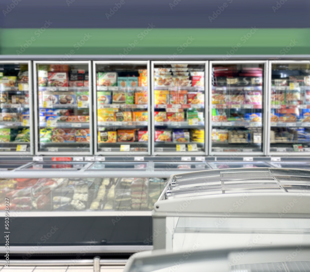 empty supermarket,frozen food from a supermarket freezer.