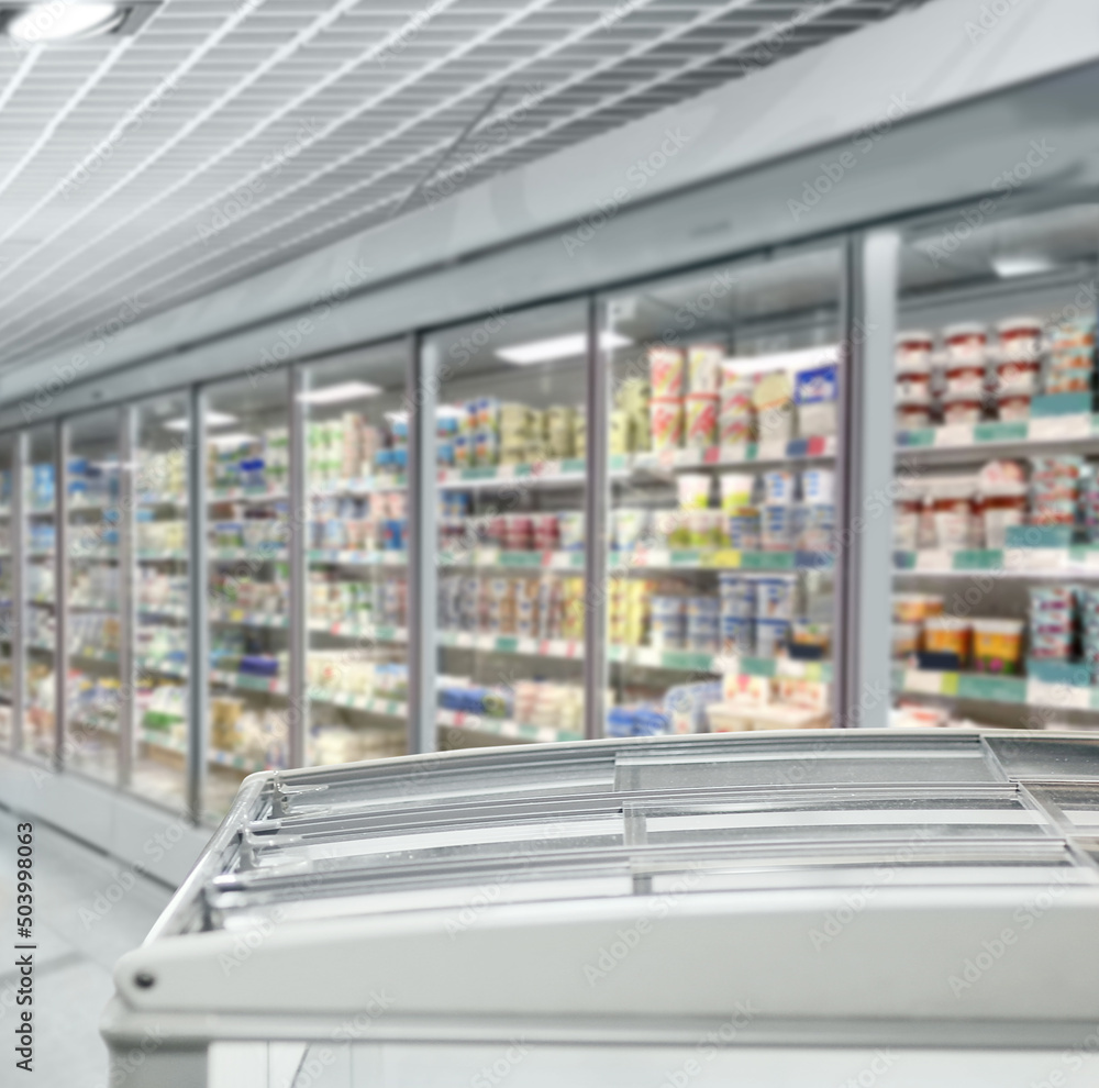 empty supermarket,frozen food from a supermarket freezer.