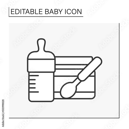  Baby food line icon. Tasty fruit or vegetable puree and bottle feeder. Childhood concept. Isolated vector illustration. Editable stroke