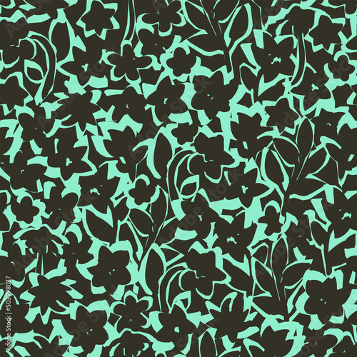 Botanical vector background with painted flowers. Hand drawn, floral seamless pattern. Craftdrawn retro styled small scaled fashion print for fabric, paper, home textile and goods