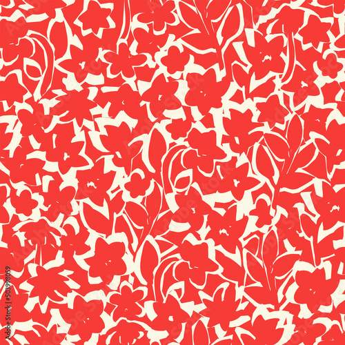 Botanical vector background with painted flowers. Hand drawn, floral seamless pattern. Craftdrawn retro styled small scaled fashion print for fabric, paper, home textile and goods