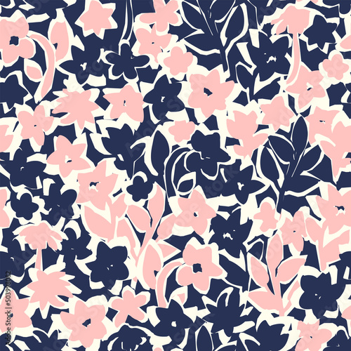 Floral seamless pattern. Botanical vector background with painted flowers. Hand drawn meadow. Craftdrawn retro styled small scaled fashion print for fabric, paper, home textile and goods
