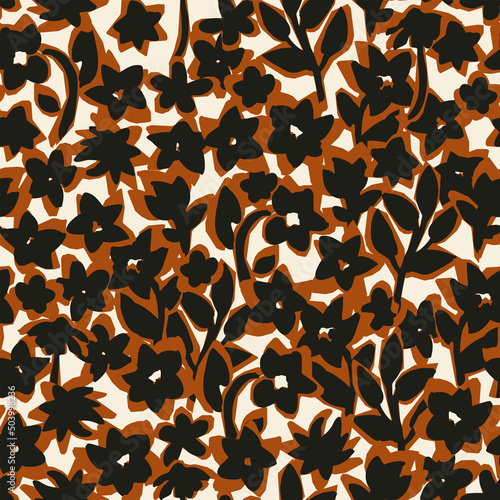 Botanical vector background with painted flowers. Hand drawn, floral seamless pattern. Craftdrawn retro styled small scaled fashion print for fabric, paper, home textile and goods