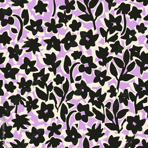 Botanical vector background with painted flowers. Hand drawn, floral seamless pattern. Craftdrawn retro styled small scaled fashion print for fabric, paper, home textile and goods