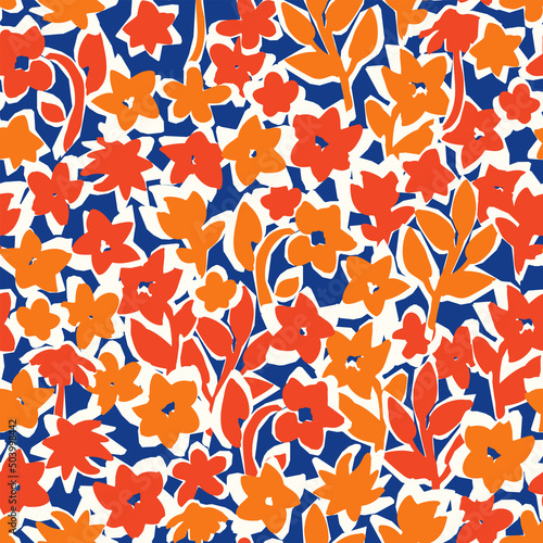 Floral seamless pattern. Botanical vector background with painted flowers. Hand drawn meadow. Craftdrawn retro styled small scaled fashion print for fabric, paper, home textile and goods