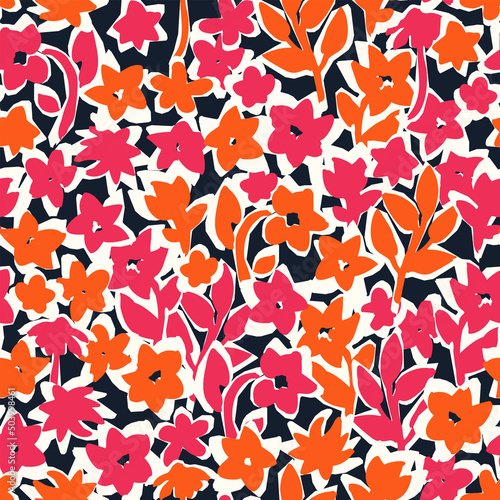 Floral seamless pattern. Botanical vector background with painted flowers. Hand drawn meadow. Craftdrawn retro styled small scaled fashion print for fabric, paper, home textile and goods