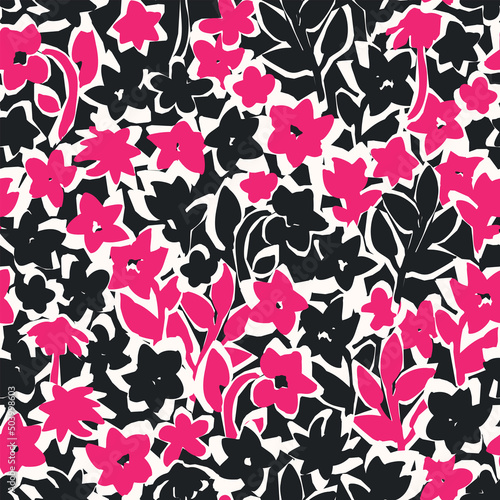 Botanical vector background with painted flowers. Hand drawn, floral seamless pattern. Craftdrawn retro styled small scaled fashion print for fabric, paper, home textile and goods