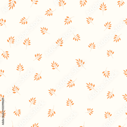 Vintage floral vector background with branches and leaves. Cottagecore botanical seamless pattern. Simple retro print for fabric, home textile and goods