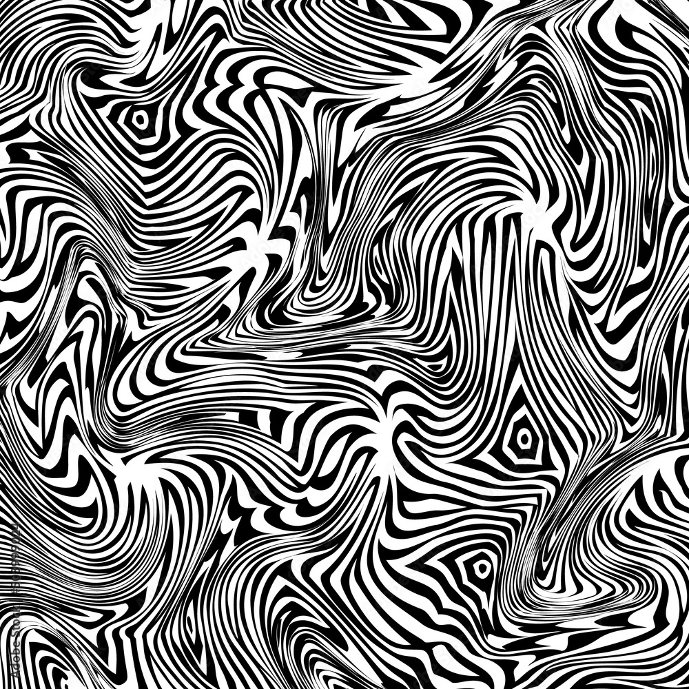 Abstract waves with black lines on a white background. Background with optical illusion, chaotic zebra. Vector illustration