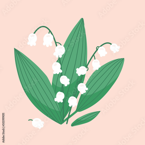 Lily of the valley flower on pastel beige background. White Spring Flower. Flat hand drawn cartoon vector illustration.