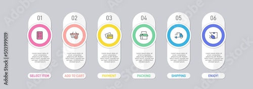 Concept of shopping process with 6 successive steps. Six colorful graphic elements. Timeline design for brochure, presentation, web site. Infographic design layout.