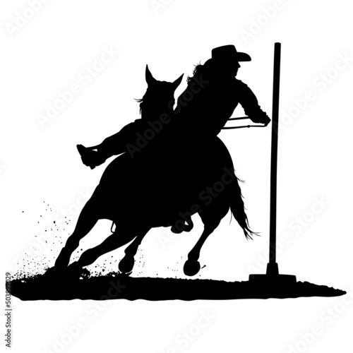 A vector silhouette of a rodeo cowgirl pole bending.