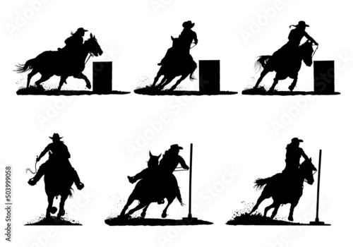Vector silhouettes of a rodeo cowgirl competing in the barrel racing and pole bending event.