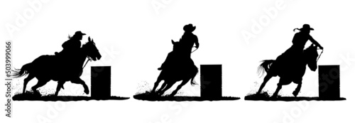 Three (3) vector silhouettes of a rodeo cowgirl barrel racing.